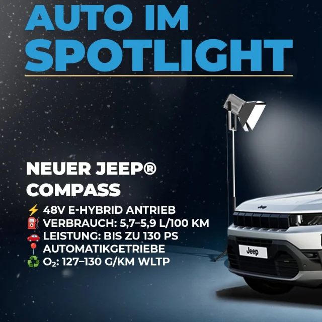? Auto im Spotlight: Der neue Jeep Compass Hybrid, effizient und ready für Alltag & Abenteuer. ? Jetzt Probefahrt bei ...