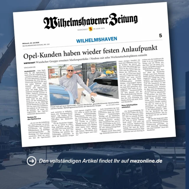Wir sind Opel-Partner in Wilhelmshaven! 🚗 In der heutigen Ausgabe berichtet die Wilhelmshavener Zeitung über unser Opel...